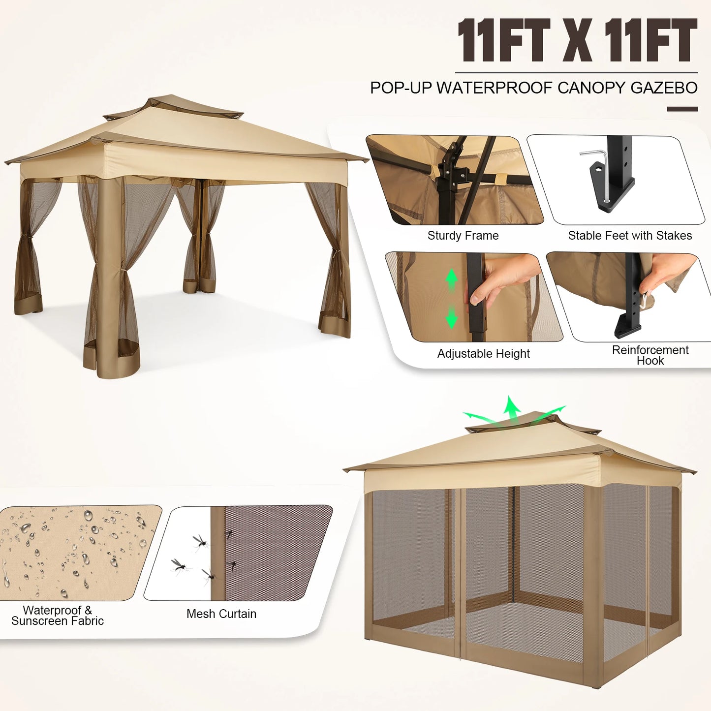 11x11ft Pop Up Gazebo Pavilion With Mosquito Netting Outdoor Canopy Tent With Carry Bag Gazebo For Garden Backyard Lawn Patio