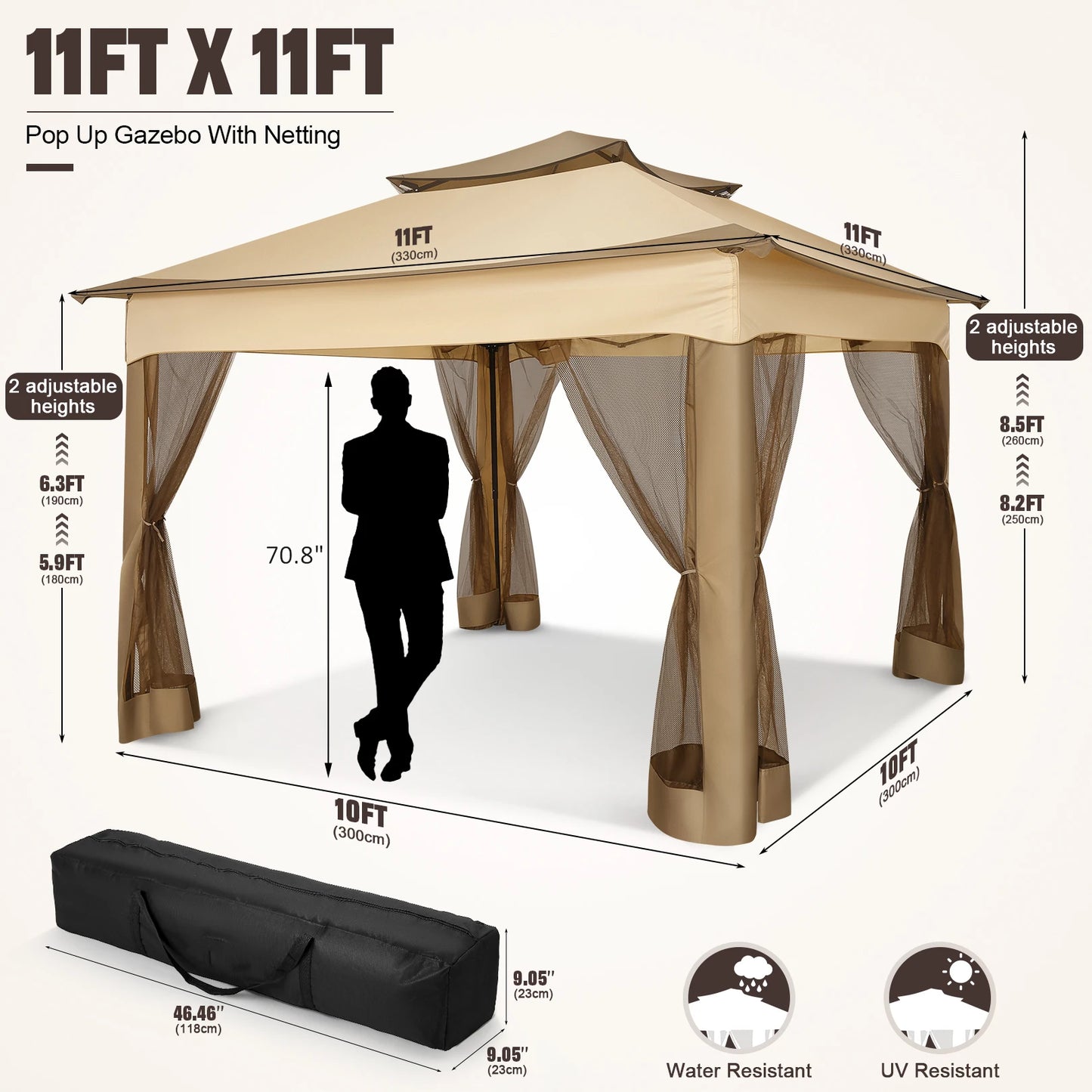 11x11ft Pop Up Gazebo Pavilion With Mosquito Netting Outdoor Canopy Tent With Carry Bag Gazebo For Garden Backyard Lawn Patio
