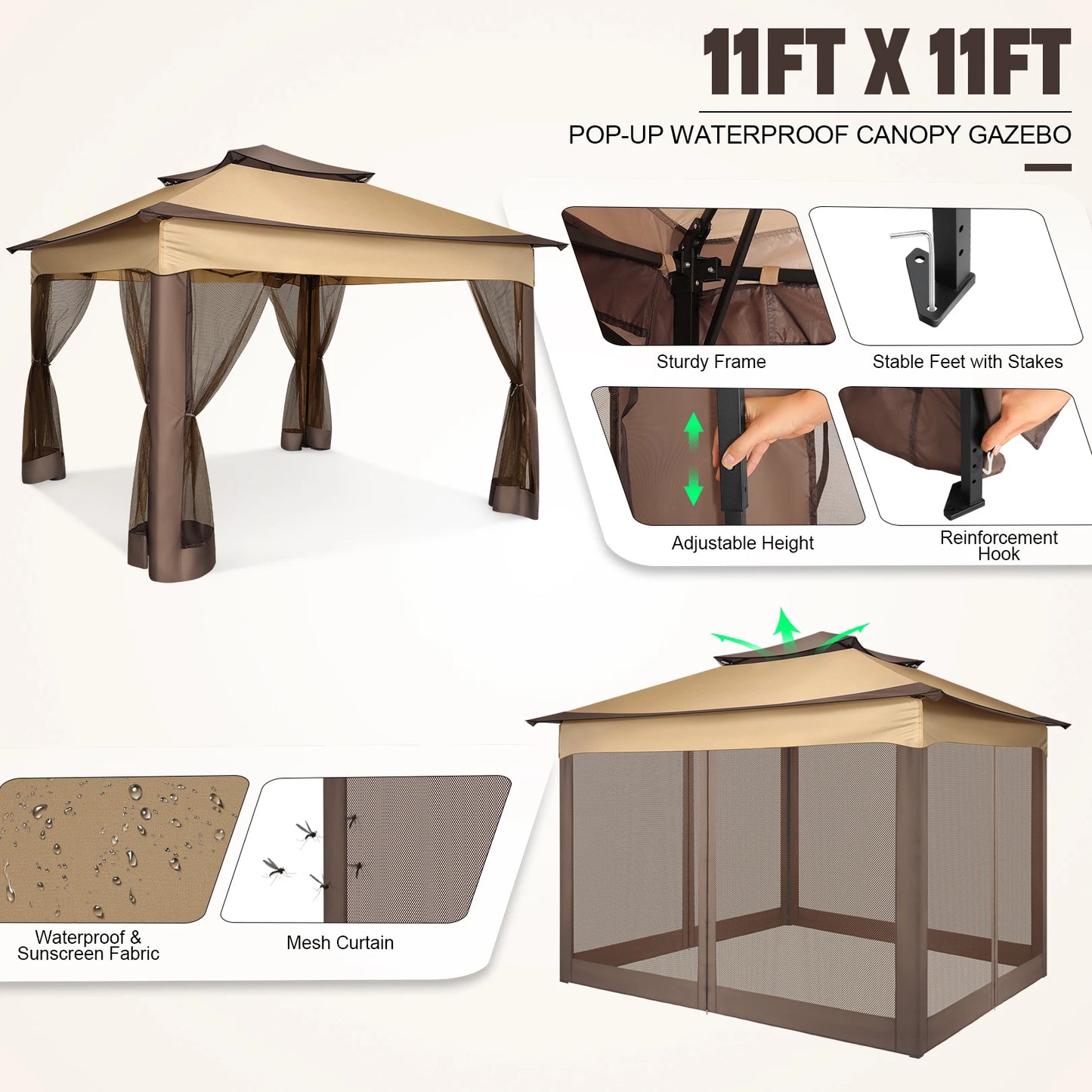 11x11ft Pop Up Gazebo Pavilion With Mosquito Netting Outdoor Canopy Tent With Carry Bag Gazebo For Garden Backyard Lawn Patio